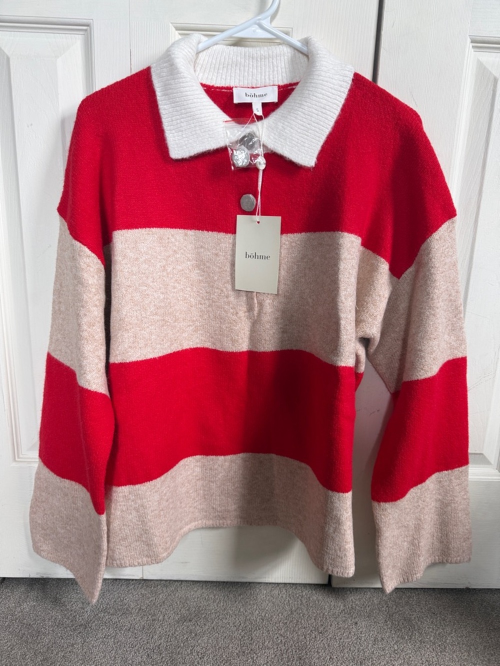 bohme Red and Cream Wide-Stripe Collared Sweater